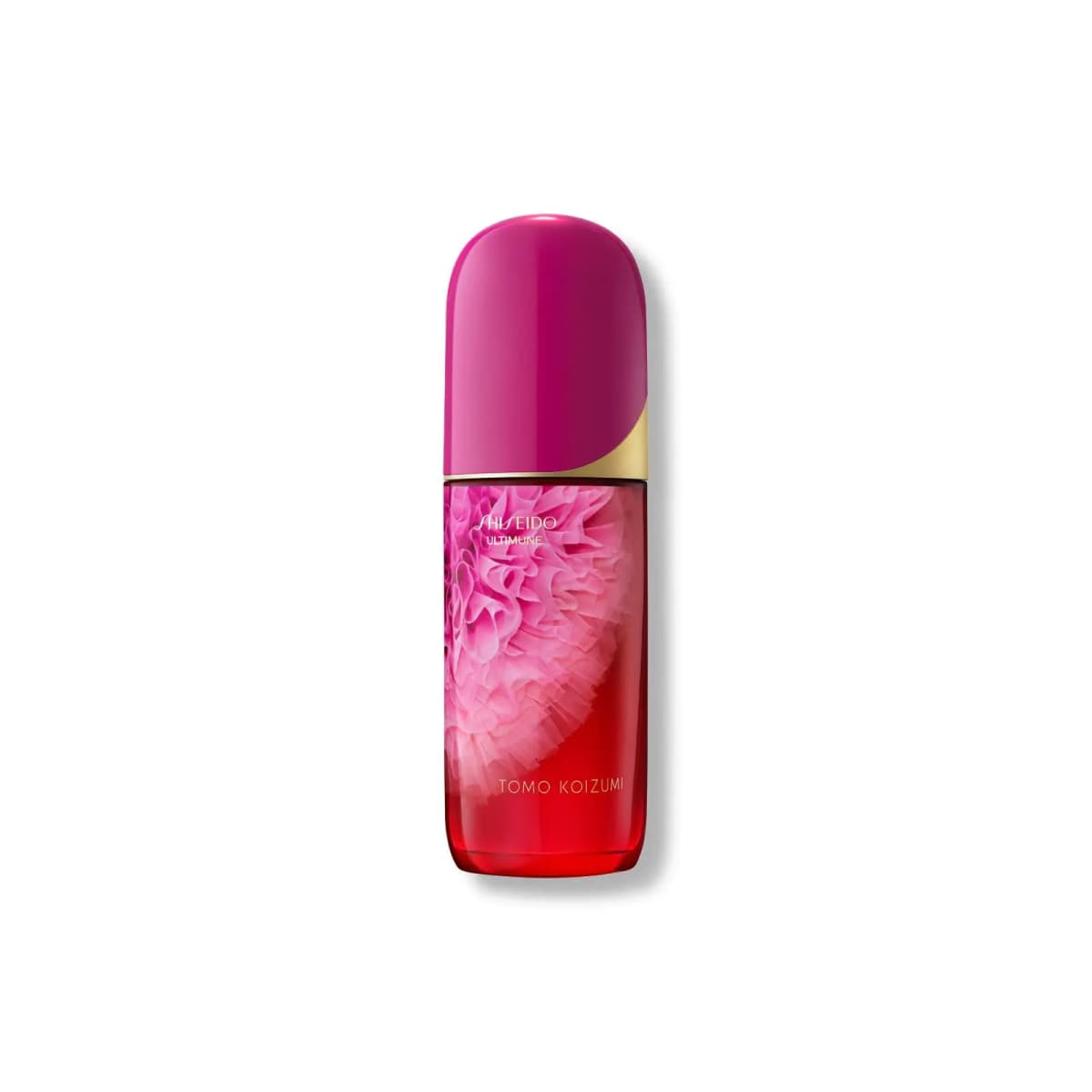 SHISEIDO Ultimune serum in a red bottle with magenta cap and pink ruffle print, Tomo Koizumi edition