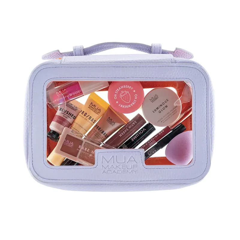 Lilac MUA makeup bag with clear window showing Pro/Base tubes, Luminous Glow, Oh Strawberry pot and a purple sponge.