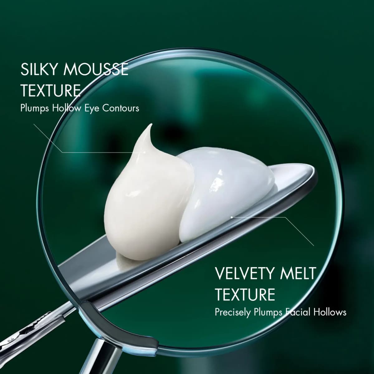Magnified spatula holding white Silky Mousse and Velvety Melt cream textures against a dark green background