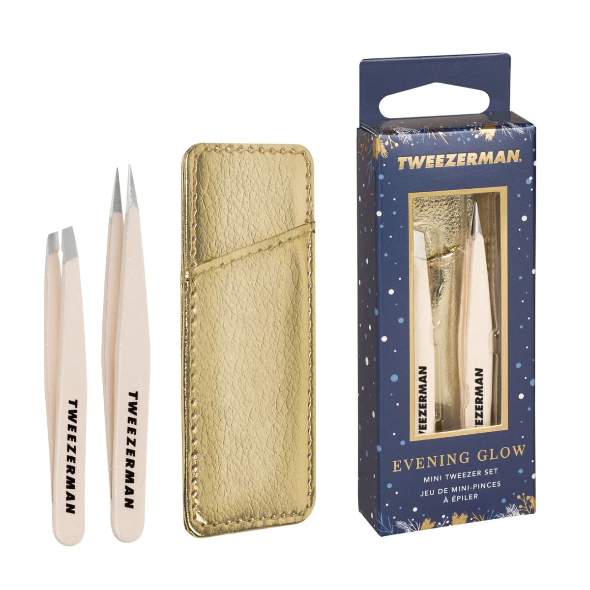 Evening Glow Mini Tweezer Set with slant and pointed blush tweezers, gold faux-leather case and navy box