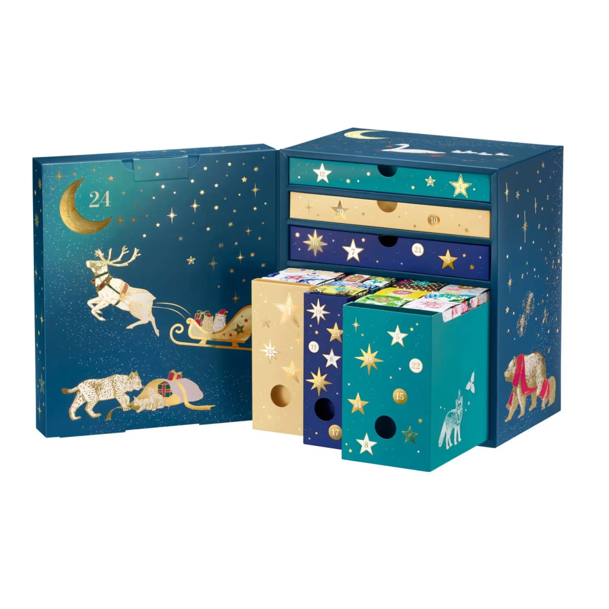 Opened Advent Calendar with numbered teal, gold and navy drawers pulled out, revealing patterned mini boxes inside