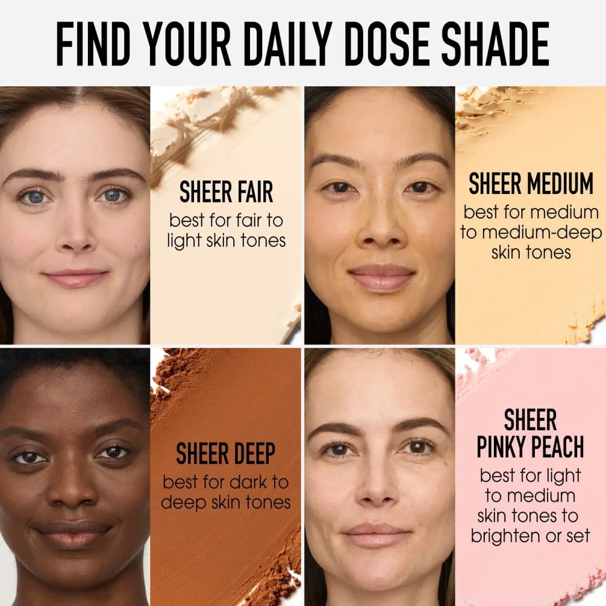 Shade guide pairing four models with swatches: Sheer Fair, Sheer Medium, Sheer Deep and Sheer Pinky Peach