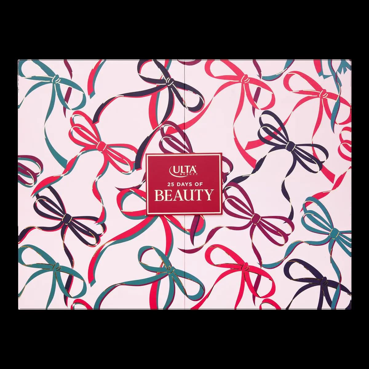 Front of the Ulta 25 Days of Beauty box with red, teal and navy ribbon bows on pale pink and a red label