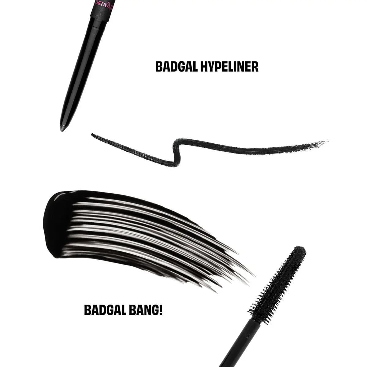 BADgal Hypeliner black pencil squiggle swatch and BADgal BANG! mascara wand with thick black brushstroke
