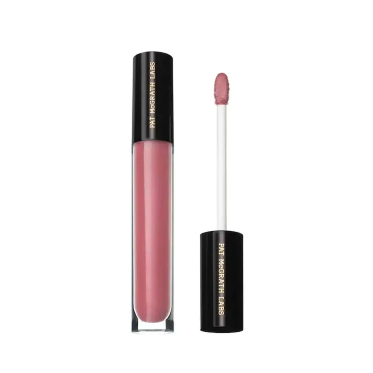 Divine Rose sheer pink lip gloss tube shown open with its doe-foot applicator