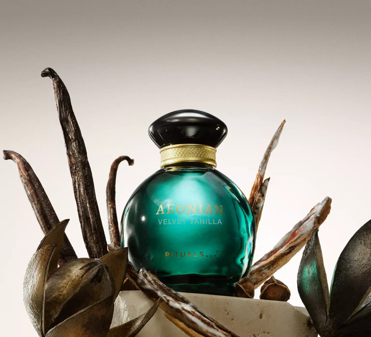 Rituals Aeonian Velvet Vanilla teal bottle with black cap surrounded by dark vanilla pods and dried seed husks