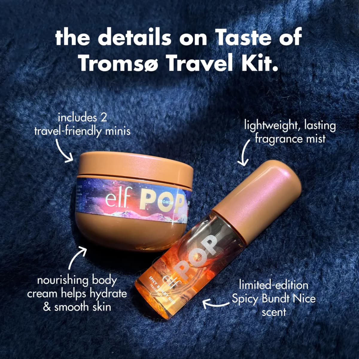 Taste of Tromsø Travel Kit minis, body cream and fragrance mist, on navy knit with handwritten feature callouts.