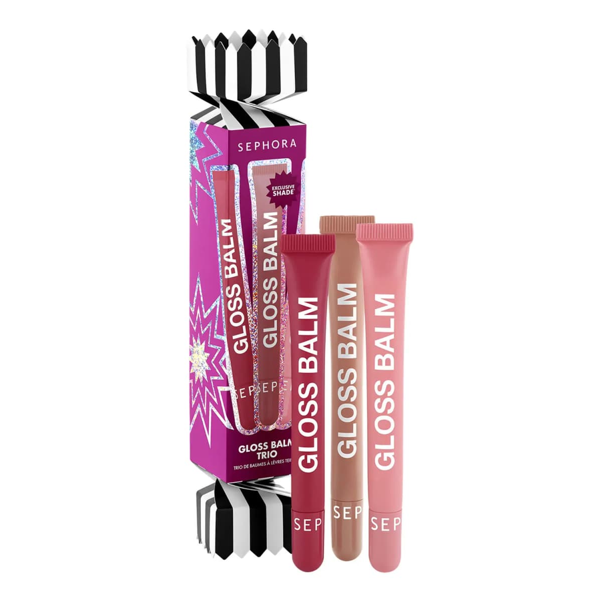 Gloss Balm Trio in a pink striped cracker box with three tubes in berry, nude beige and soft pink