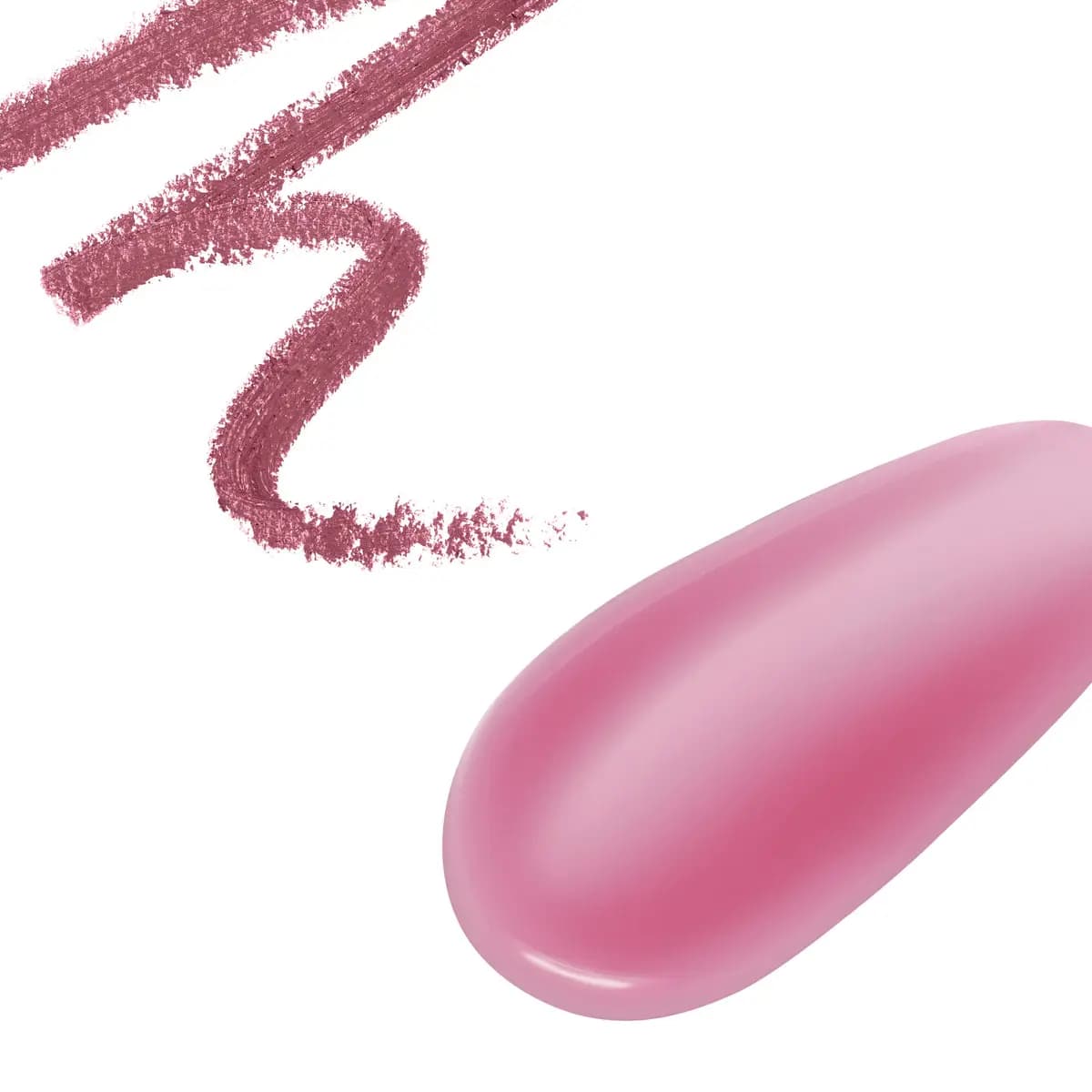 Swatches of a textured mauve lip liner squiggle and a smooth, glossy pink lip oil smear on a white background.