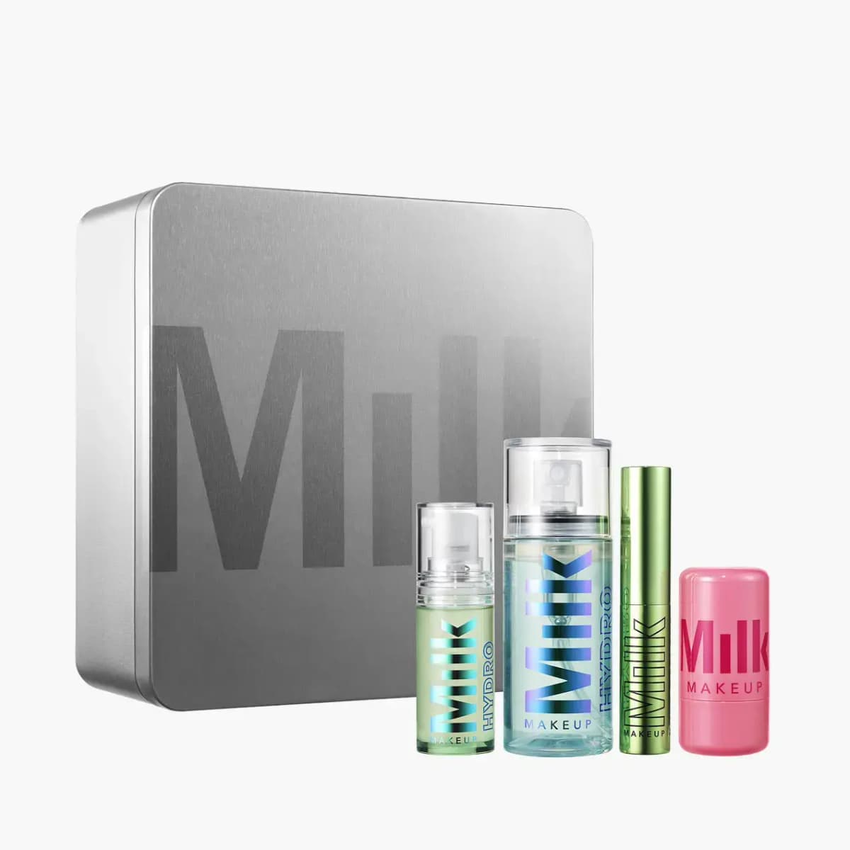MILK MAKEUP The Milk VIPs holiday set: silver tin with primer, setting spray, green mascara and pink jelly tint