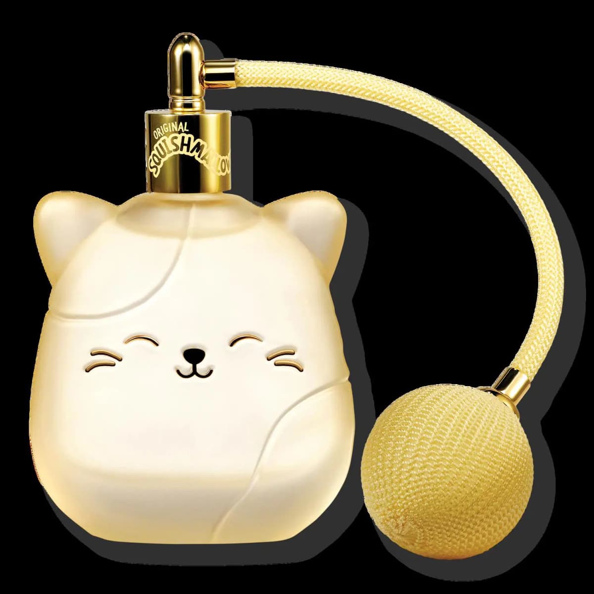 Frosted cream cat-shaped perfume bottle with gold collar and yellow woven bulb atomizer