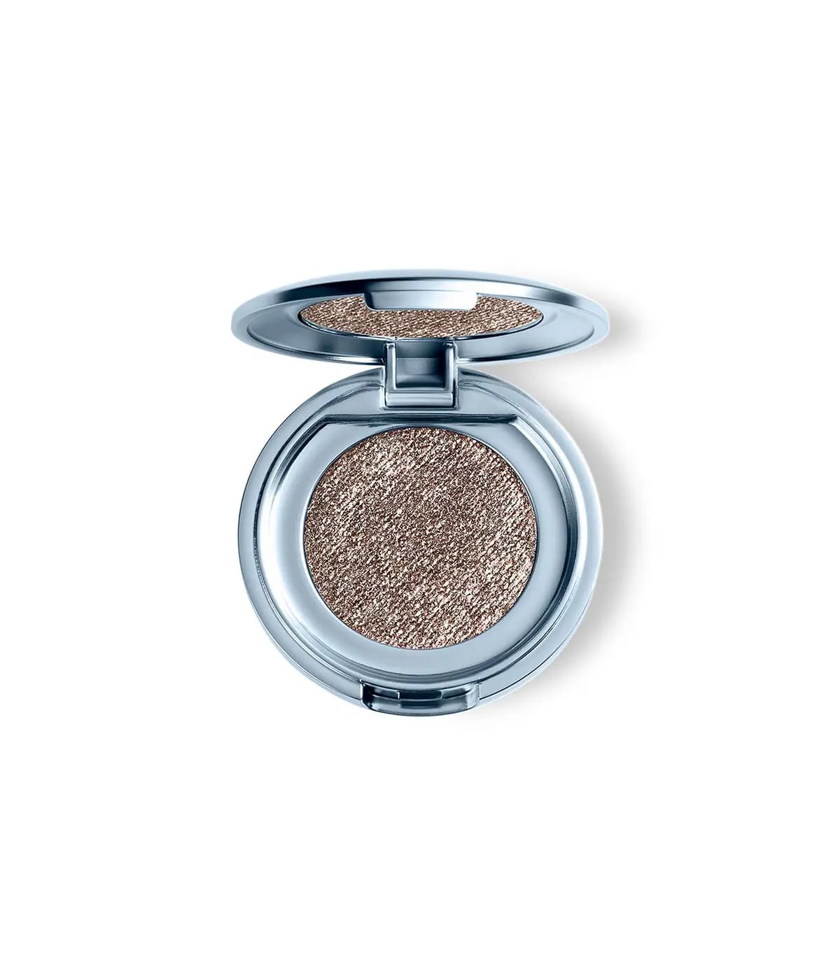 Sweet Dreams eyeshadow singlet in a sparkling taupe-bronze metallic, in a round pale blue compact