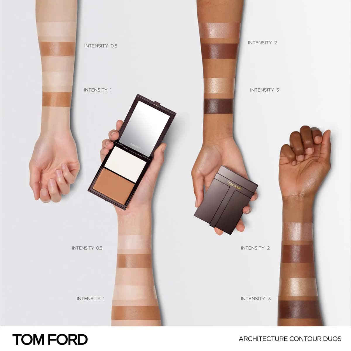 Arm swatches of Architecture Contour Duos Intensity 0.5 to 3 on four skin tones, with hands holding open and closed compacts