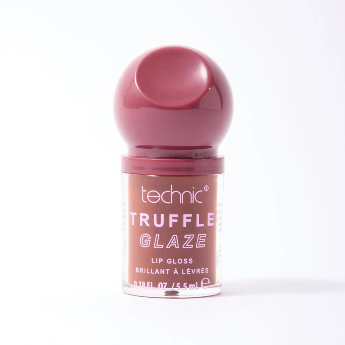 Truffle Glaze lip gloss with warm brown formula and a cherry-shaped burgundy cap on a white background