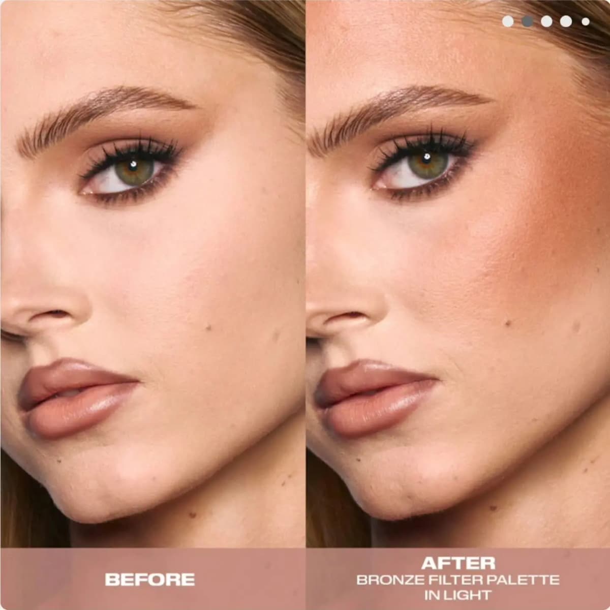 Before and after on a fair-skinned model, the after showing warm bronzed cheeks from the Light palette.