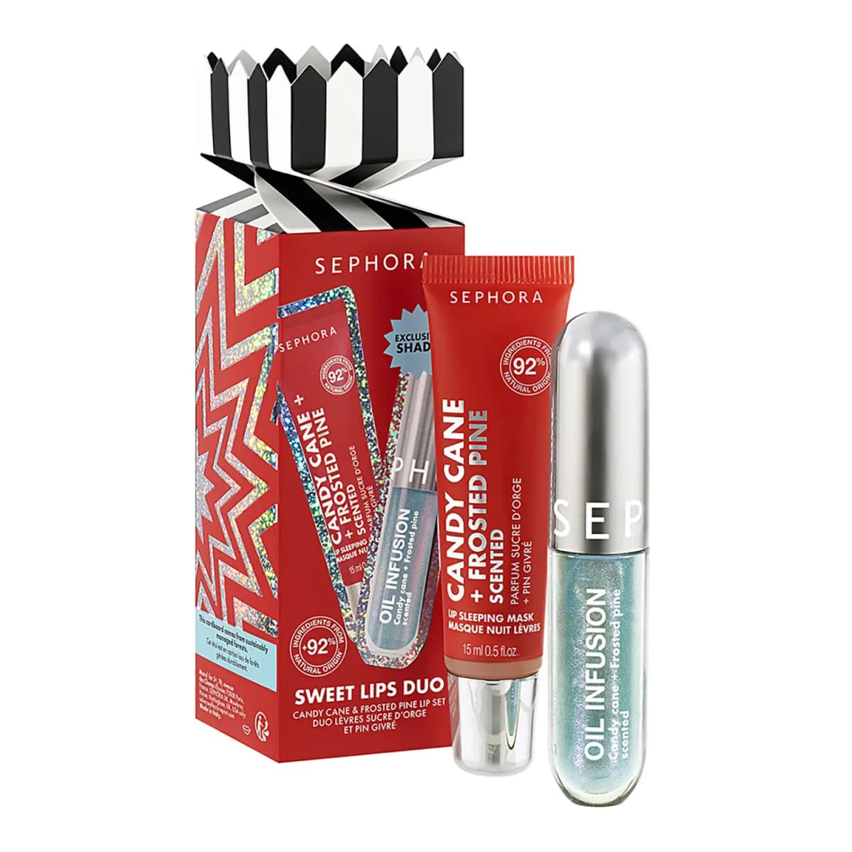 Sweet Lips Duo cracker box with red Candy Cane + Frosted Pine lip sleeping mask and shimmery icy-blue Oil Infusion