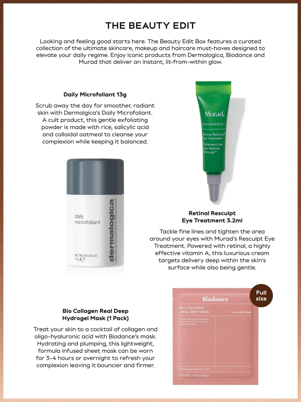 Product sheet showing Dermalogica Daily Microfoliant, Murad Retinal ReSculpt eye tube and pink Biodance sheet mask