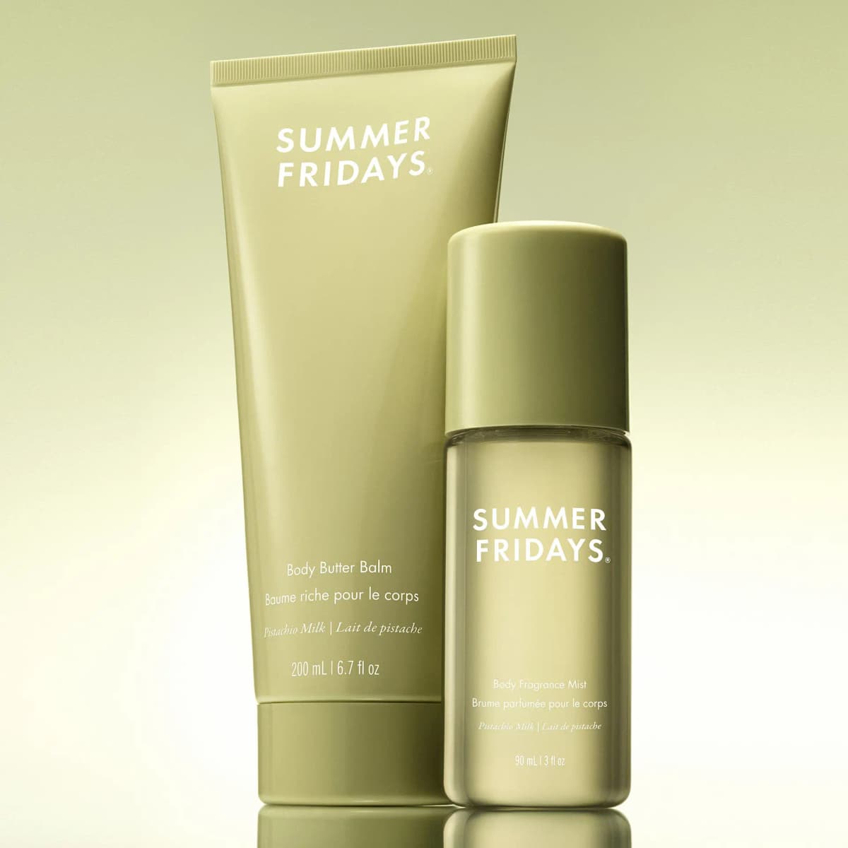 Sage green Pistachio Milk Body Butter Balm and Body Fragrance Mist standing together on a soft green gradient backdrop.
