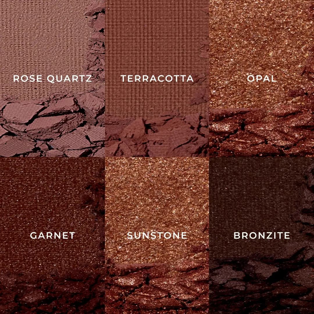 Labelled shade textures: Rose Quartz, Terracotta, Opal, Garnet, Sunstone and Bronzite in matte and shimmer finishes