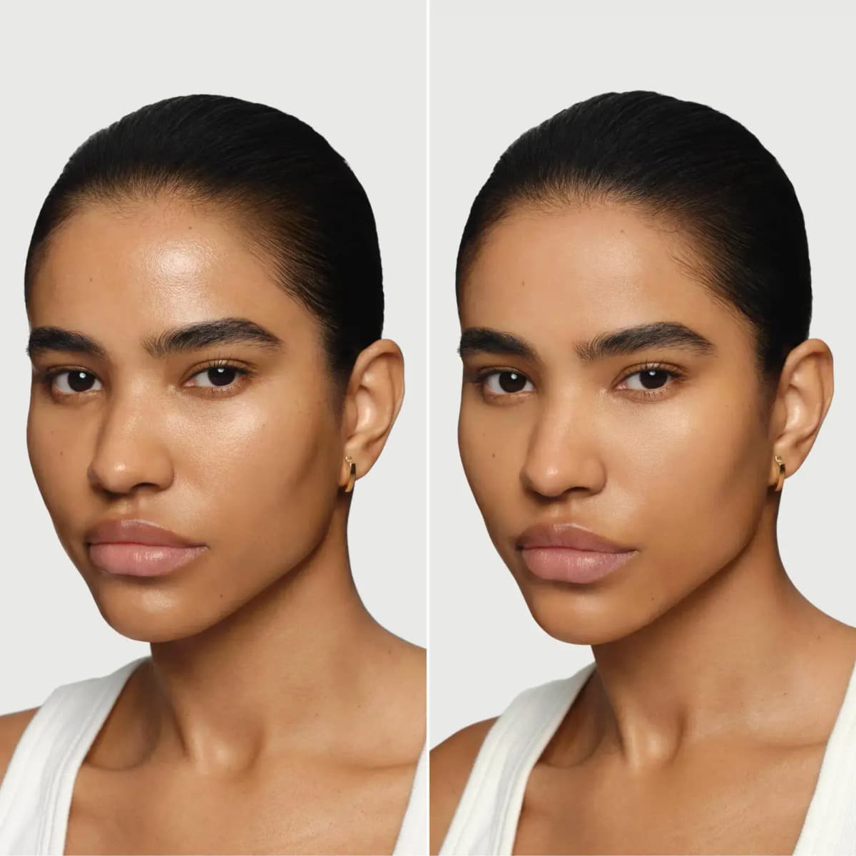 Before and after of a medium-deep skin tone model with reduced shine and blurred texture on the right