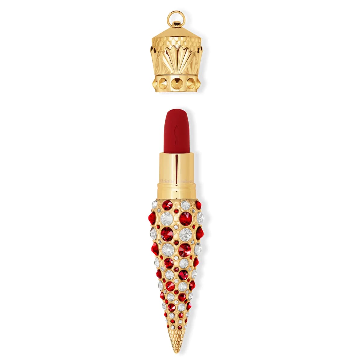 Crown-shaped gold cap with hanging ring lifted above the jewelled case and red matte bullet