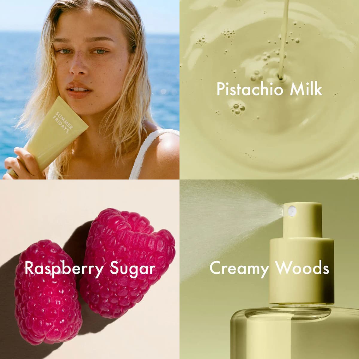 Pistachio Milk scent grid: blonde model with a green tube, pistachio milk pour, raspberries and a green mist spraying.