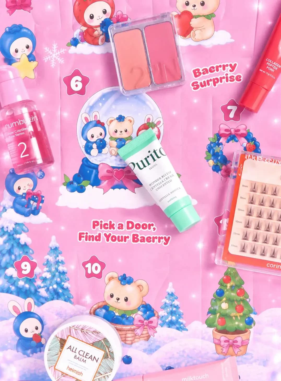 Open pink calendar doors with Pick a Door text, plus a Purito tube, 2aN blush, numbuzin serum and heimish balm