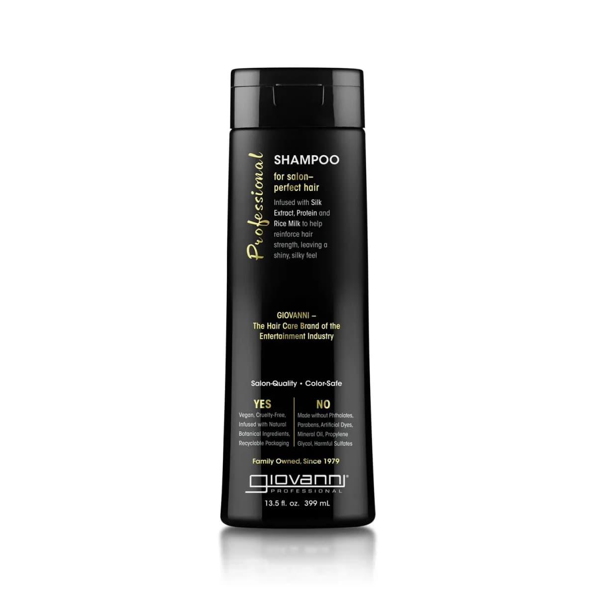 Giovanni Professional Shampoo in a black 13.5 fl oz bottle with gold script and white lettering.