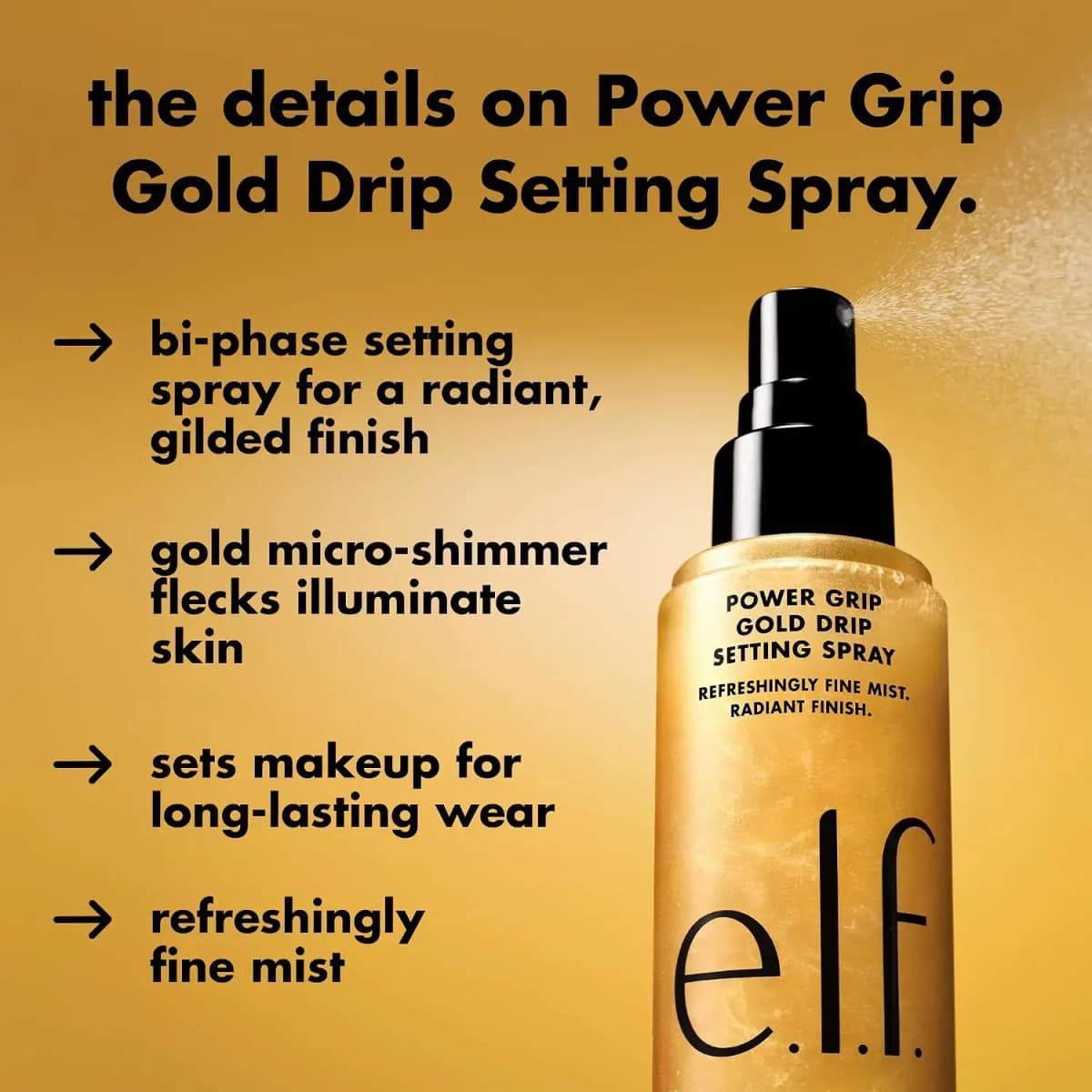 Setting Spray misting gold beside text on its bi-phase formula, micro-shimmer, long wear and fine mist.