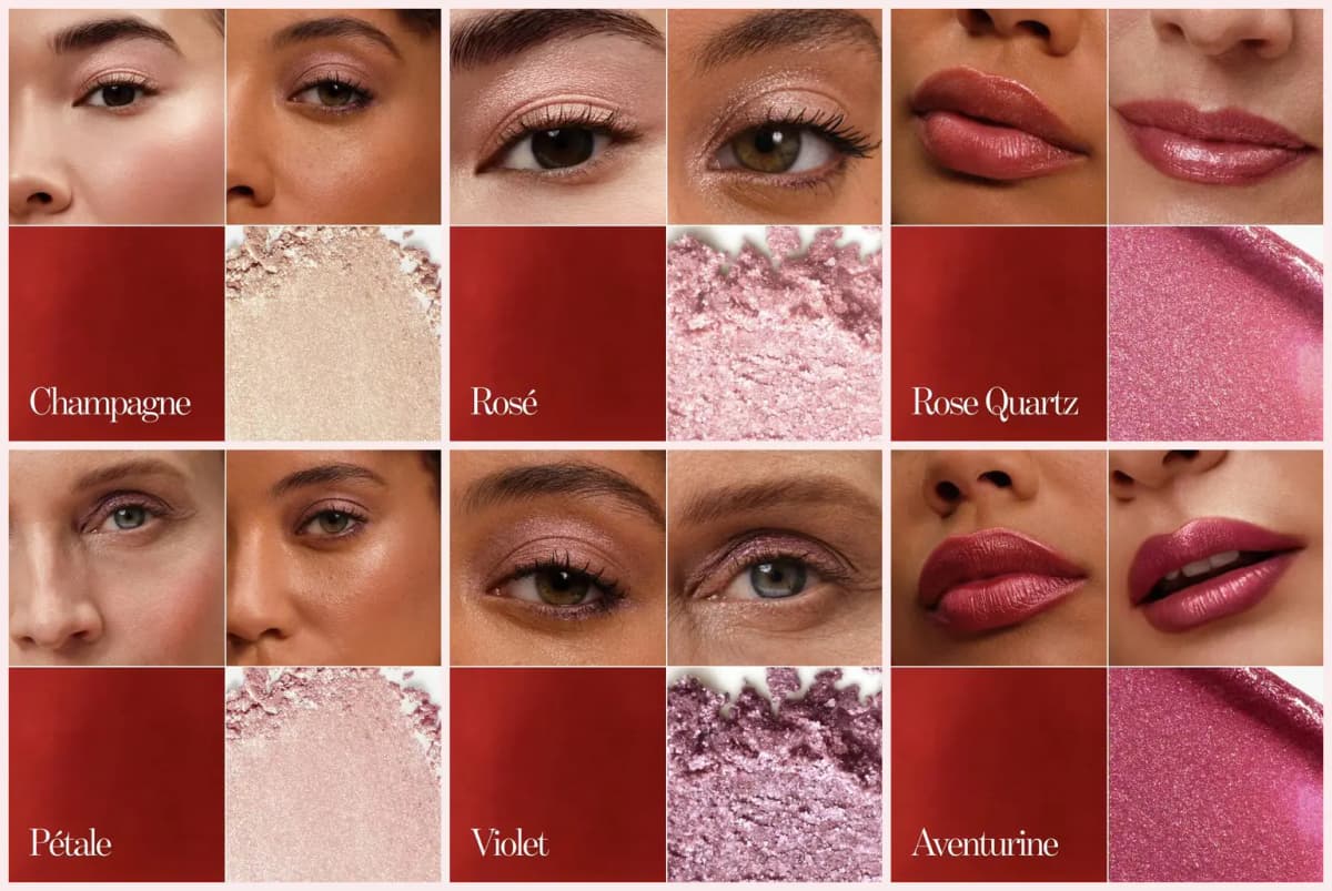 Chantecaille Bijoux d'Or shades on skin: Champagne and Pétale Cheek Light, Rosé and Violet Eye Frost, Rose Quartz and Aventurine Lip Cristal