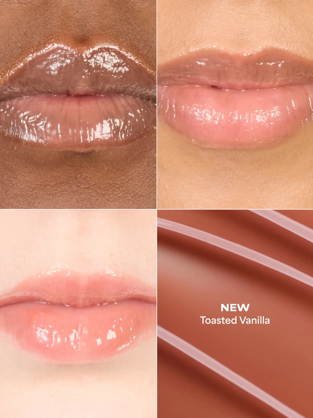 Toasted Vanilla gloss on three skin tones, from deep to fair, beside a glossy brown-rose swatch