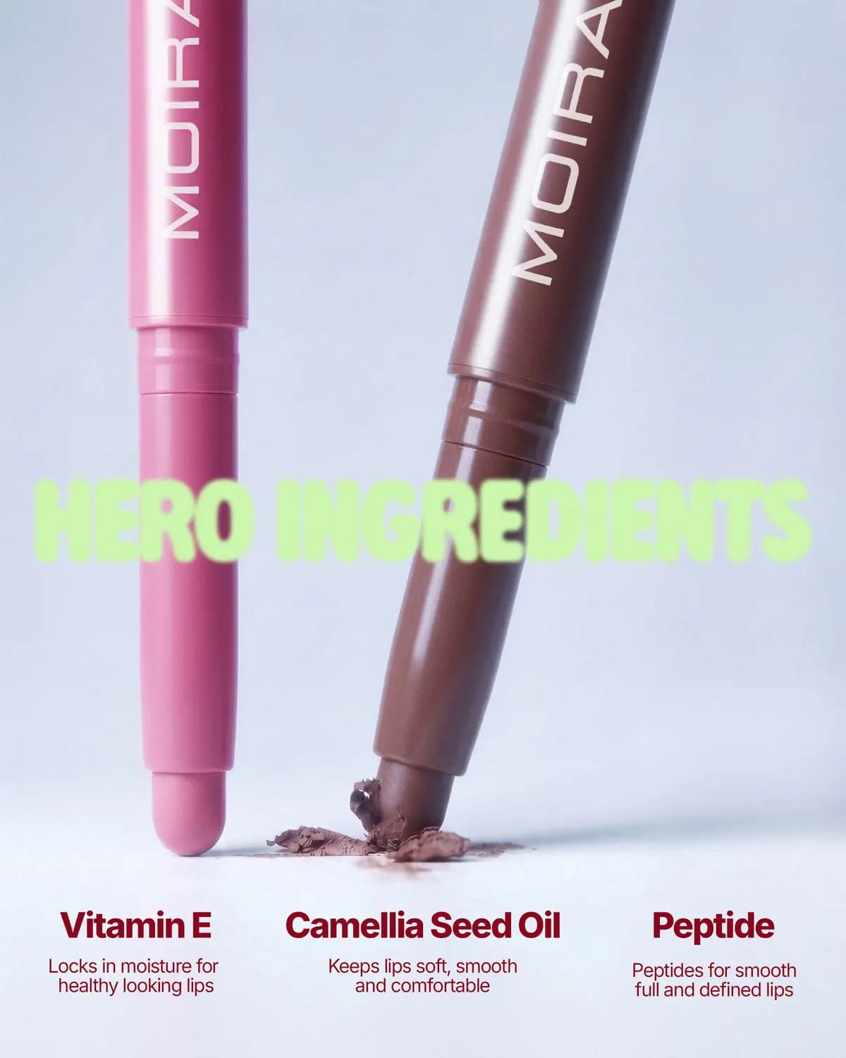 Pink and brown liners standing tip-down with crumbled product, labelled Vitamin E, Camellia Seed Oil and Peptide