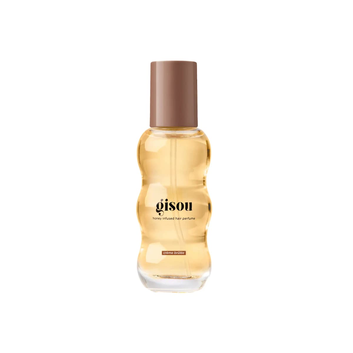 Bubble-shaped hair perfume bottle with golden liquid, brown cap and crème brûlée label