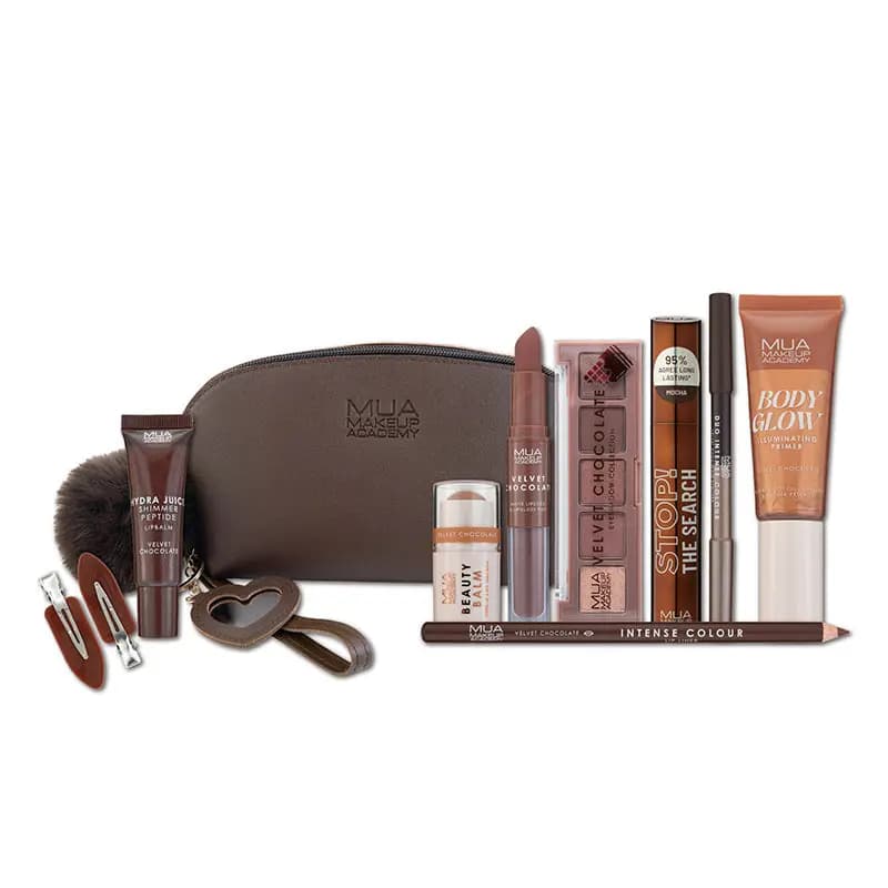 MUA Velvet Chocolate set laid out: brown bag, Hydra Juice balm, palette, Stop! The Search mascara, liners and Body Glow.