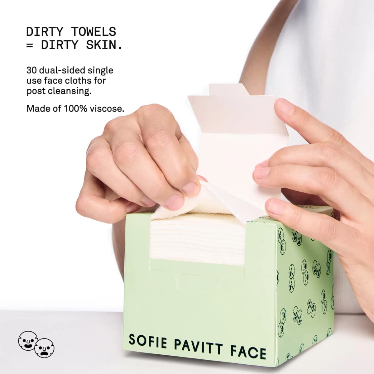Hands pulling a white viscose cloth from a green Sofie Pavitt Face box beside text about dirty towels.