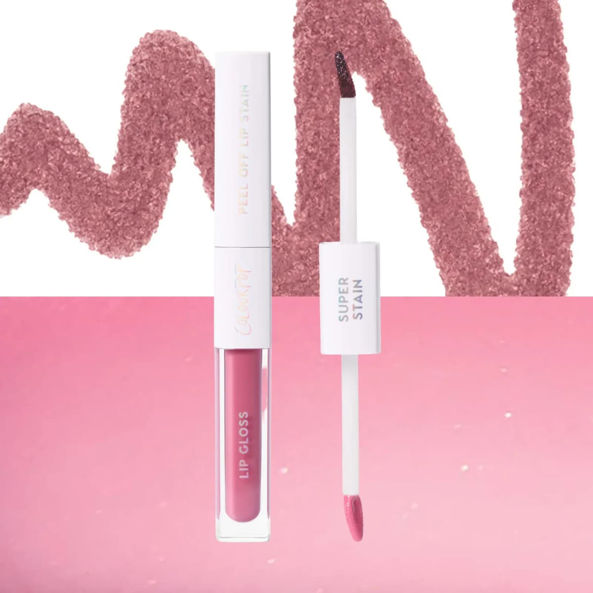 Lip duo with cool pink gloss and stain wand over a berry-pink stain scribble and soft pink gloss swatch