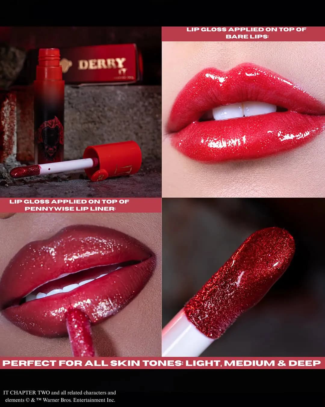 Derry red glitter lip gloss tube and doe-foot wand, swatched on bare lips and over Pennywise lip liner