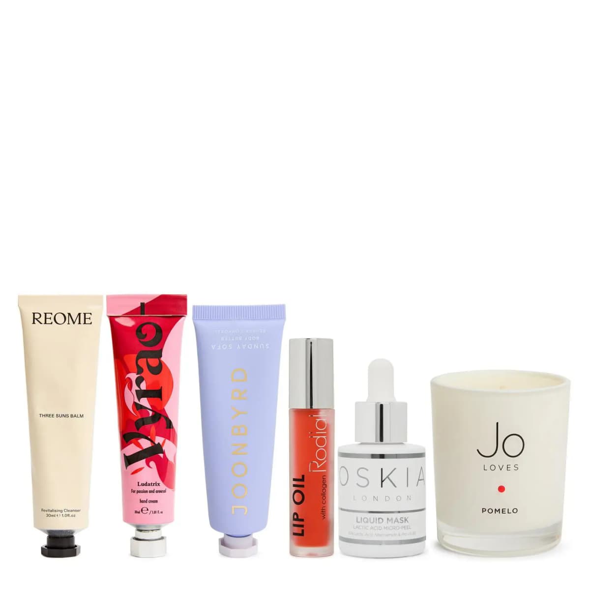 REOME balm, Vyrao hand cream, Joonbyrd body butter, Rodial Lip Oil, Oskia Liquid Mask and Jo Loves Pomelo candle
