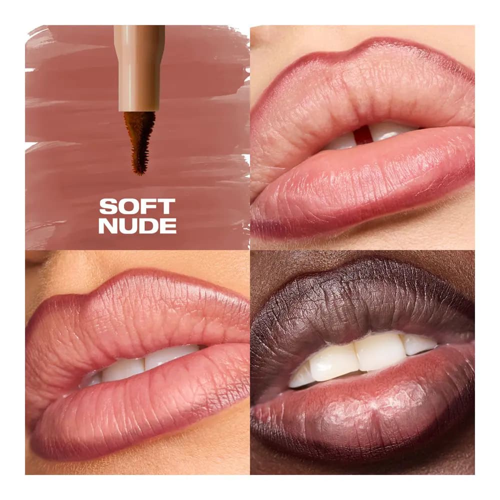 Soft Nude lip contour stain swatch with felt tip, shown lining lips on three different skin tones