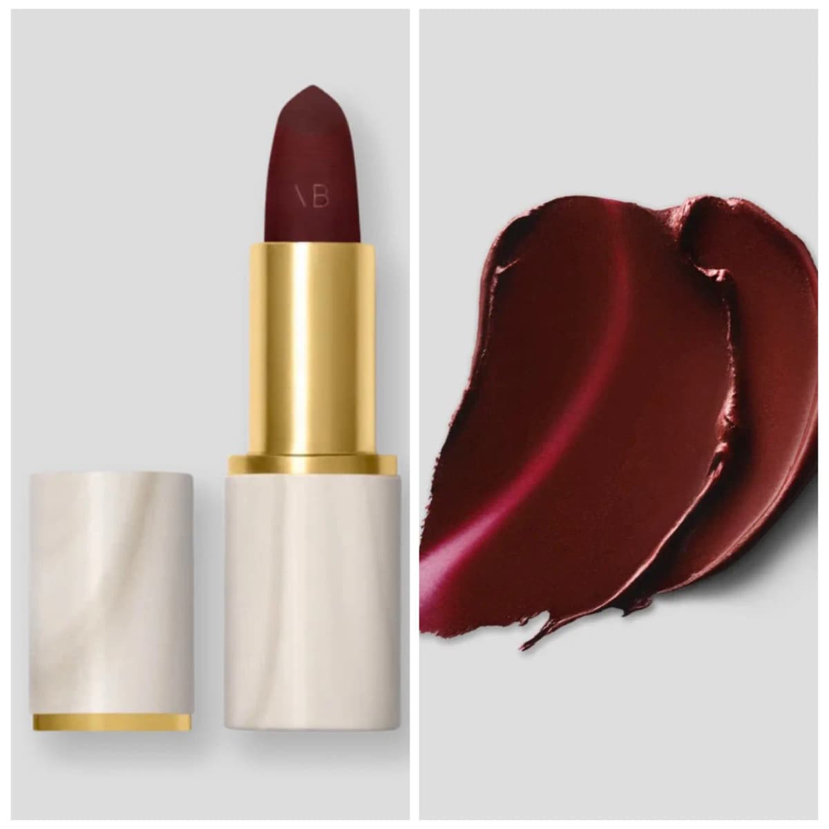 Deep wine VB lipstick in a pearly white and gold case beside a dark burgundy swatch