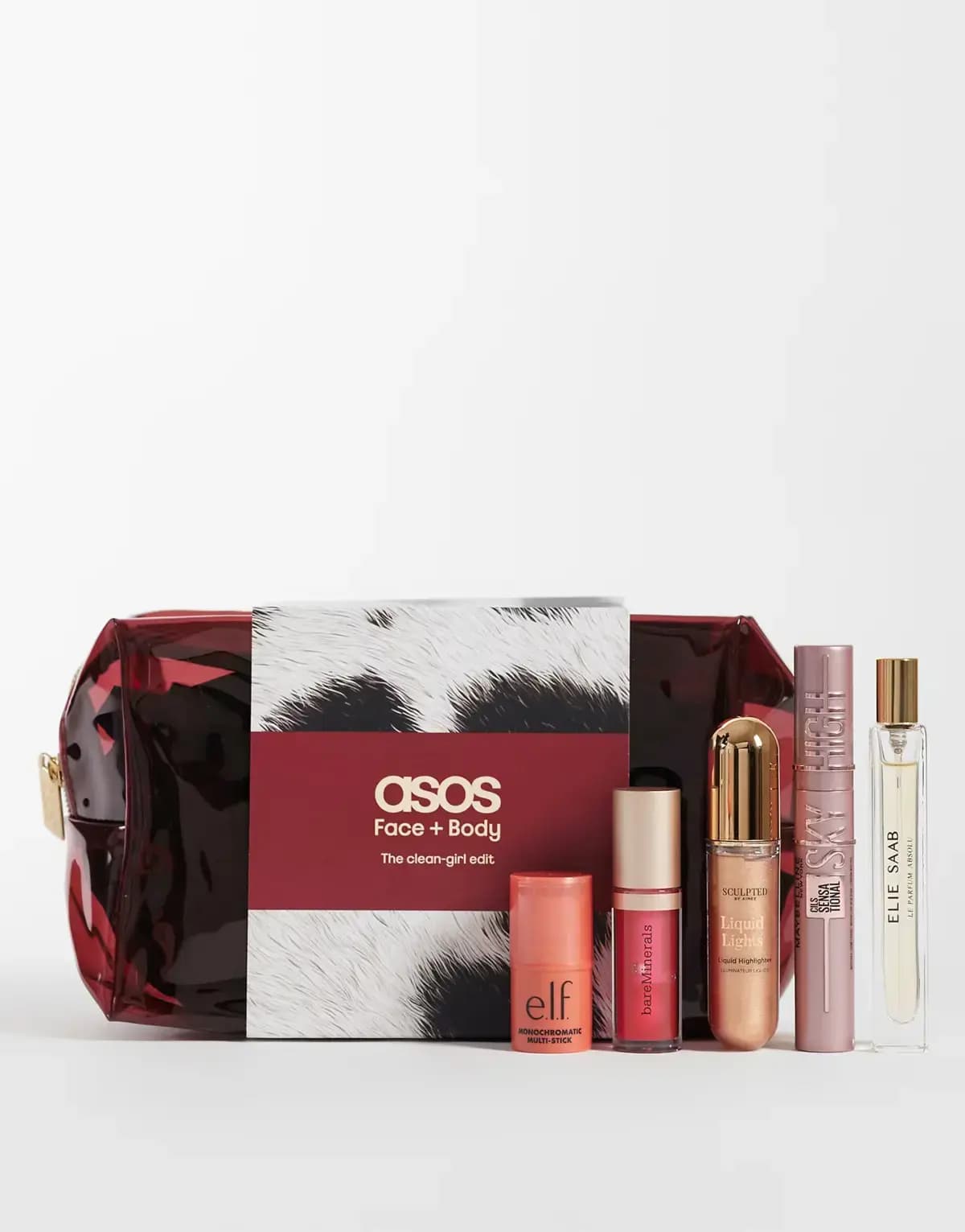 ASOS Clean-Girl edit with cow-print sleeve, e.l.f. stick, bareMinerals lip oil, Liquid Lights, Maybelline Sky High, Elie Saab
