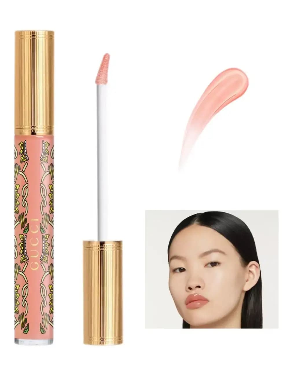 Peach Gucci lip gloss with patterned tube and doe-foot applicator, glossy swatch, and a model wearing shiny peach lips