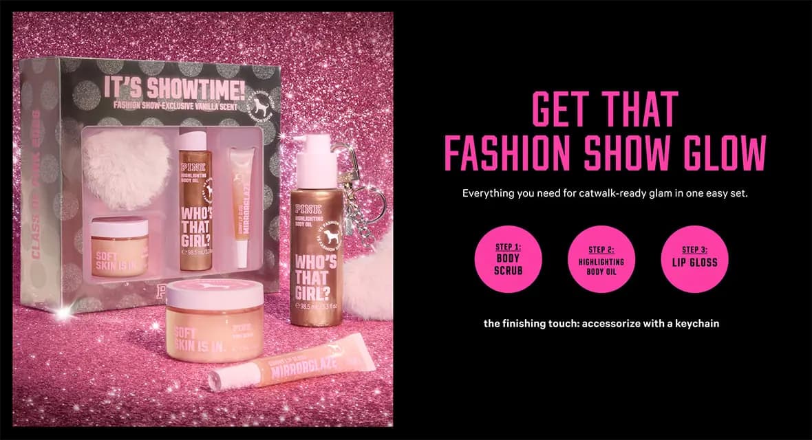PINK gift set on pink glitter beside a 3-step guide: body scrub, highlighting body oil, lip gloss, plus a keychain