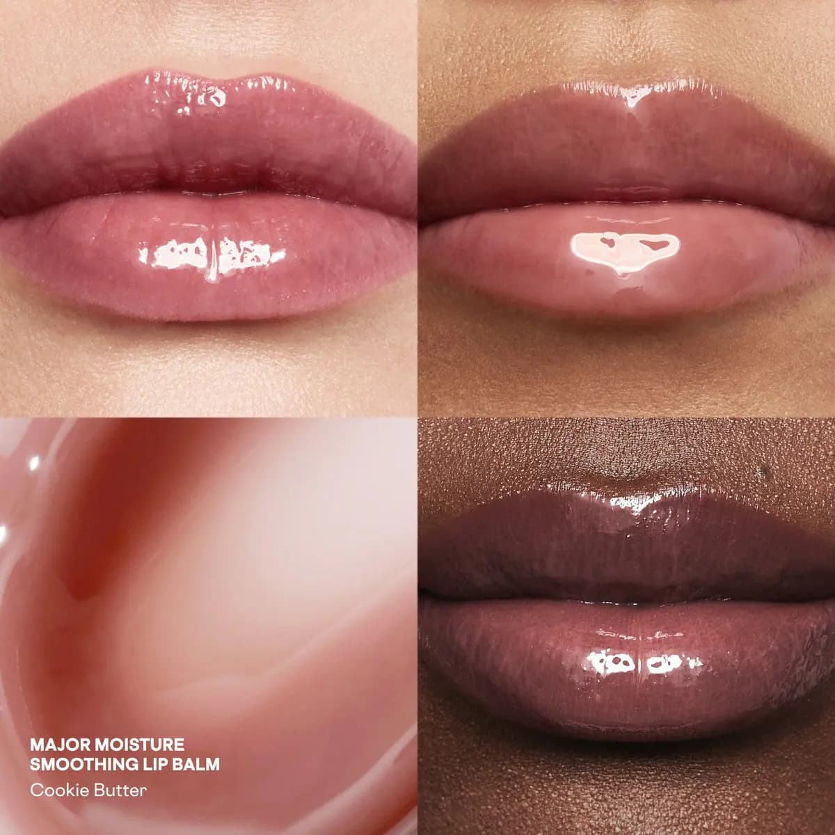 Close-ups of lips glossed with Patrick Ta Major Moisture lip balm in Cookie Butter, a cool mauve