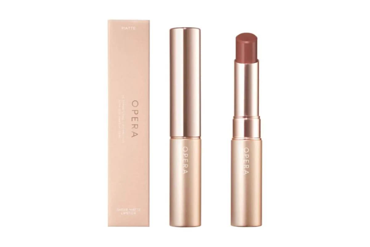 OPERA Sheer Matte Lipstick peach box labelled Matte beside a capped rose-gold tube