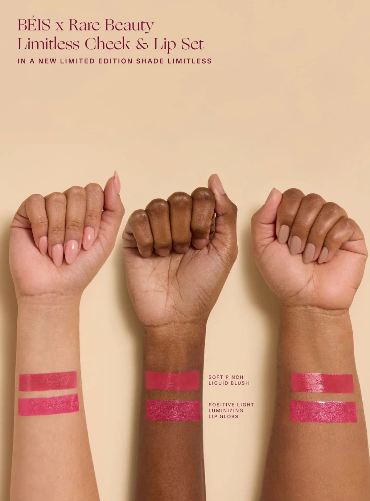Blush and lip gloss swatched on three wrists of different skin tones, showing rosy pink and shimmering raspberry