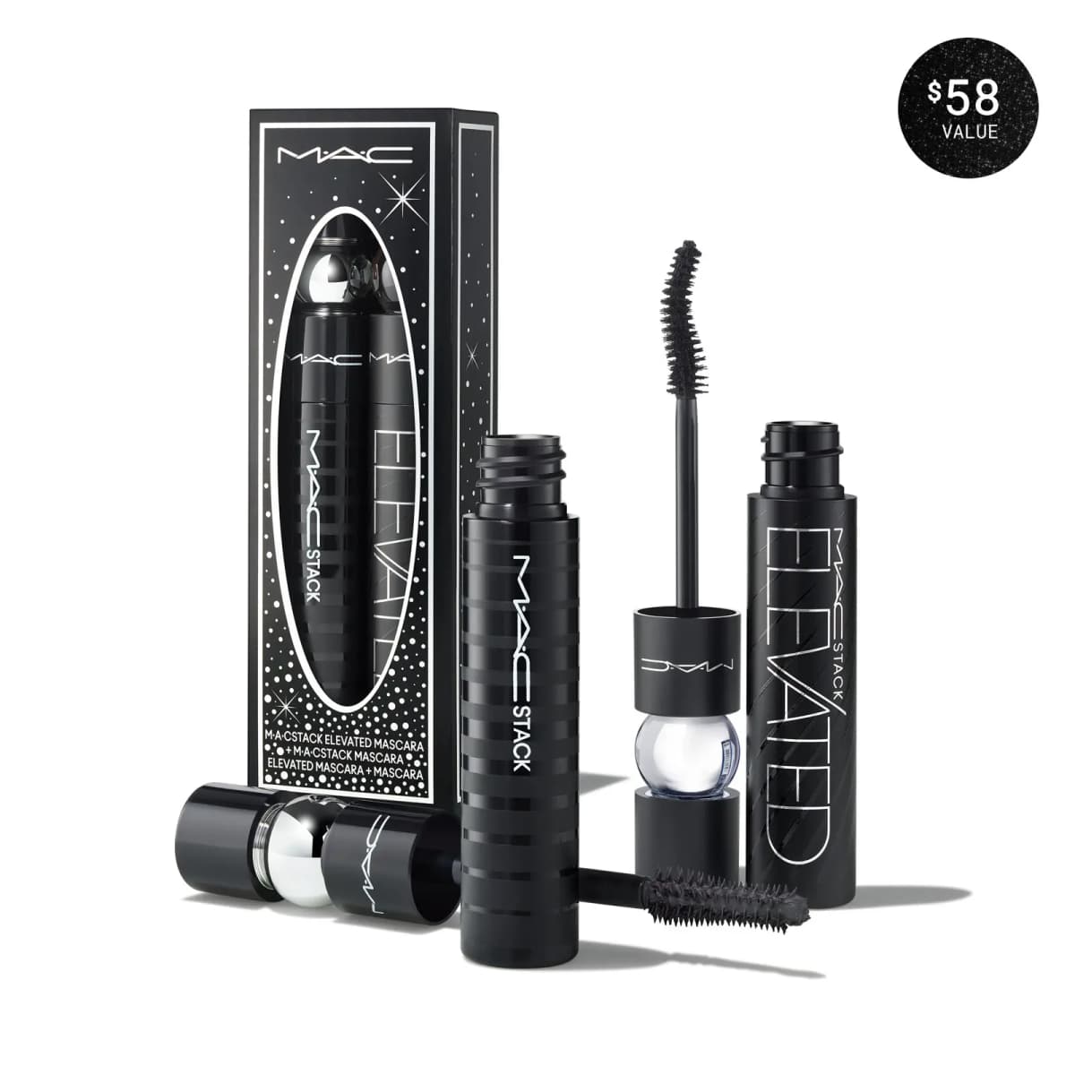 MAC Stack and Stack Elevated black mascaras with open wands beside a starry black gift box, marked $58 value