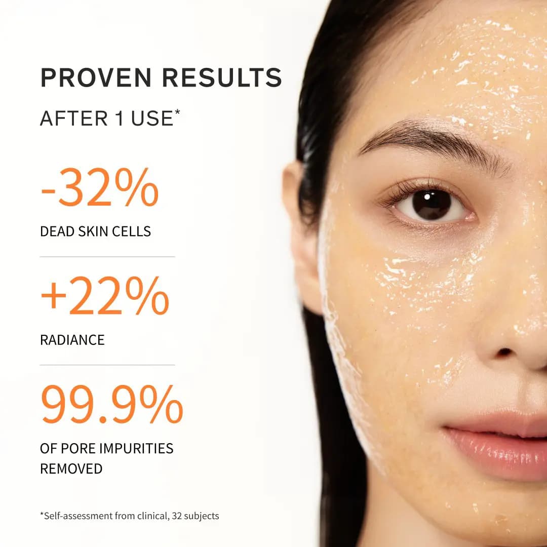 Close-up of half a face coated in shiny golden gel next to results: -32% dead skin cells, +22% radiance after 1 use