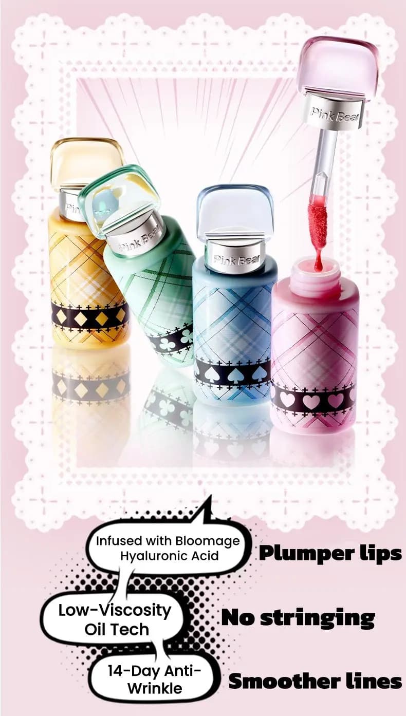 Four plaid lip gloss bottles in yellow, green, blue and pink with a glossy pink wand, labeled with product benefits.