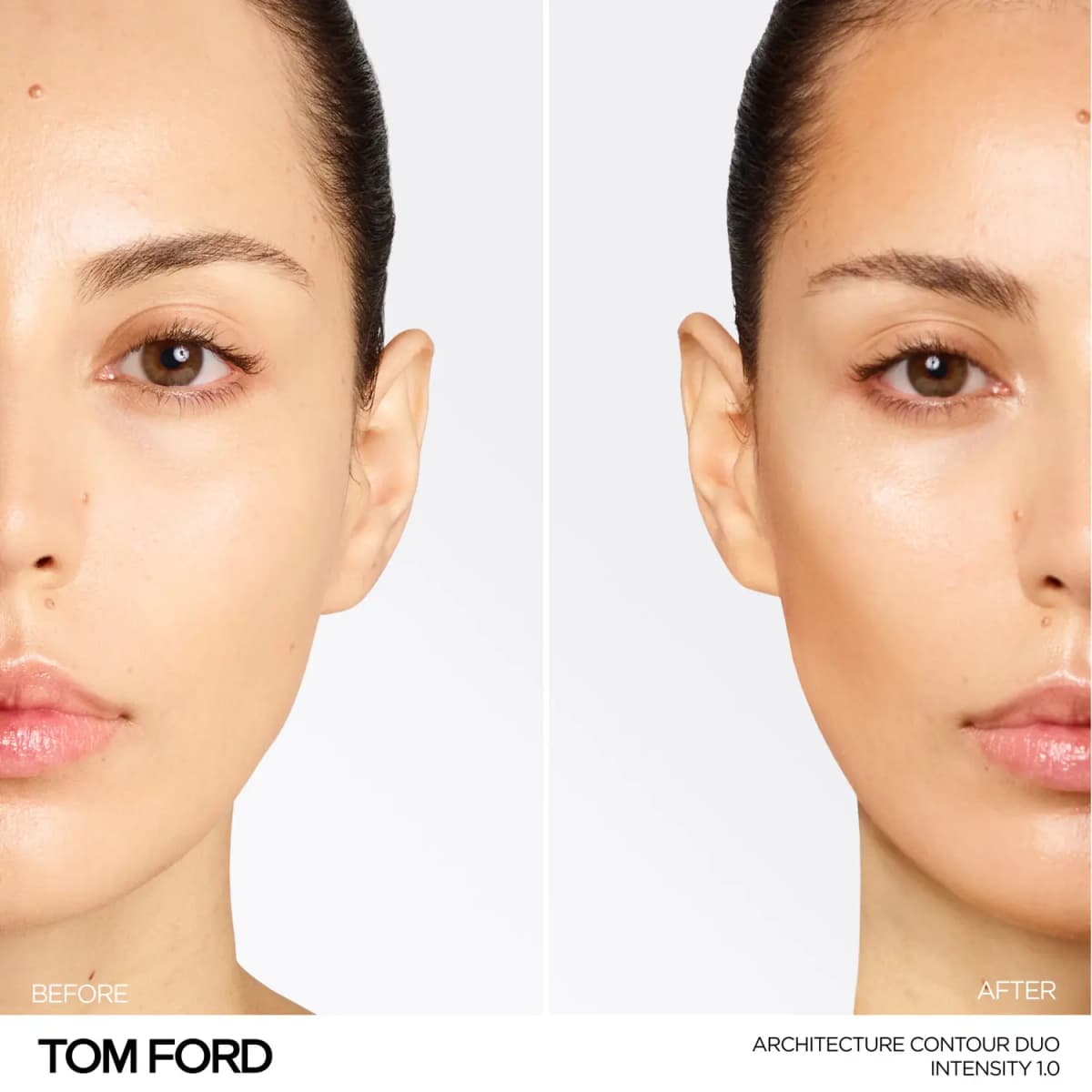 Before-and-after half faces of a light-skinned model with sleek dark hair, contoured